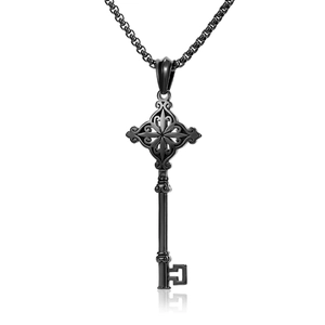 Hip hop black ornate key pendant necklace on a sleek chain for men and women