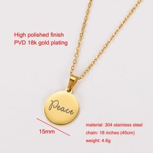 Polished 18k gold plated 304 stainless steel necklace with 15mm round Peace pendant