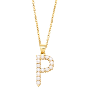 Detailed view of golden initial P pendant necklace featuring elegant white inlaid pearls