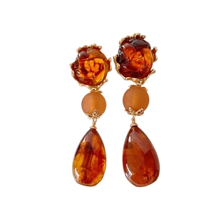 Vintage amber resin drop earrings with golden rose top and waterdrop tassels for women