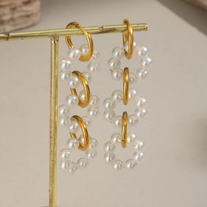 Elegant 18K gold plated stainless steel triple hoop earrings with white pearls for women