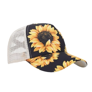 Sunflower print ponytail baseball mesh cap for women featuring breathable mesh back