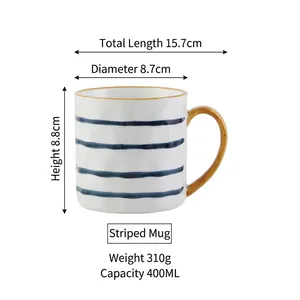 Japanese ceramic striped mug 400ml with blue stripes and brown handle for coffee or oats