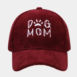 Stylish burgundy corduroy baseball cap with white DOG MOM embroidery for women