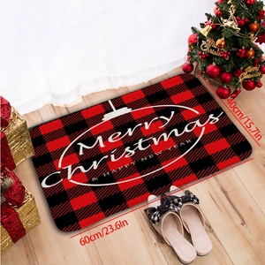Paillasson de Noël à carreaux avec texte Merry Christmas sur sol en bois 60x40cm