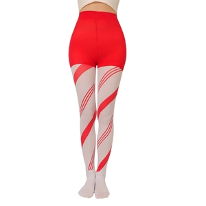 Detail of red and white candy cane striped high-waisted Christmas holiday party stockings