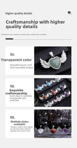 Detailed macro view showing diverse heart-shaped gemstone angel wing pendants with silver alloy