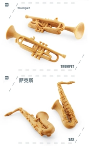 Detailed macro view of miniature trumpet and saxophone models with realistic textures