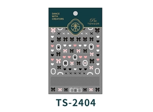 Detailed view of TS-2404 3D nail stickers featuring pearl hearts and bow designs