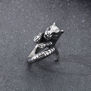Vintage punk tiger head ring for men in silver stainless steel with detailed engraving