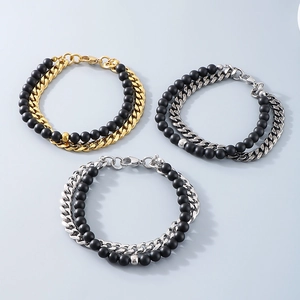Three men's double-layer bracelets with black beads and cuban chains in gold silver gunmetal