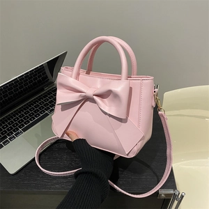 Pink minimalist bow handbag for women with top handle and detachable strap, 2024 spring style