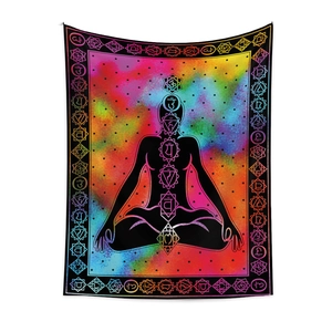 Bohemian yoga meditation tapestry with seven chakra silhouette and colorful nebula galaxy background