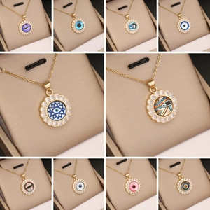 Evil Eye Anhänger Halskette Kupfer 18K Vergoldet Mikro Pave Zirkonia Rund Personalisierter Schmuck Für Frauen