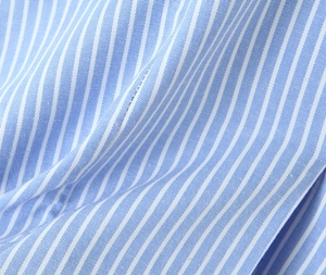 Detailed close-up of blue and white striped fabric with fine woven textile texture
