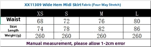 Size chart for floral A-line midi skirt showing waist and length in centimeters