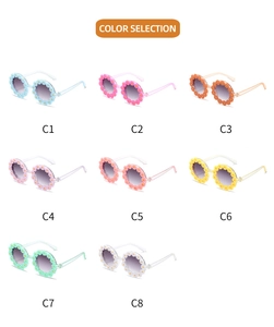 Detailed color selection of children's daisy flower sunglasses in eight vibrant matte colors