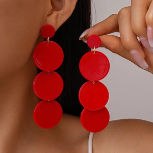 Acrylic Layered Circle Long Drop Earrings With Steel Earring Post Red Geometric Exaggerated Statement Jewelry For Women