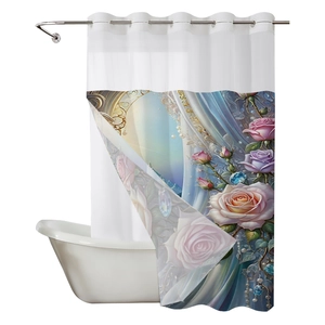 Waterproof polyester bath curtain with floral rose and gemstone digital printing design