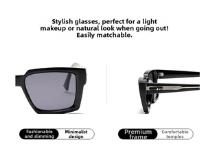 Detail view of black square oversized sunglasses featuring metal arrow temple accents
