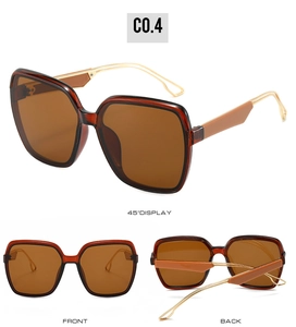 Three-way view of square gradient sunglasses with gold metal temples and brown frames