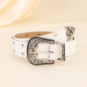White leather western belt with silver floral buckle and decorative round studs