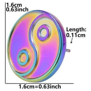 Technical drawing of rainbow stainless steel Yin Yang earrings with precise dimensions