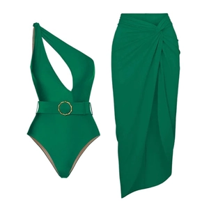 Donkergroene one-shoulder bodysuit met uitsparing en lange rok met gouden gesp detail