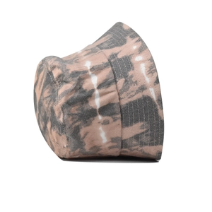 Detail showing the tie-dye pattern and stitching on a pink and grey cotton bucket hat
