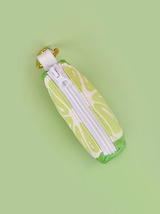 Close-up of portable pet waste bag dispenser in green fabric with zipper and golden hook