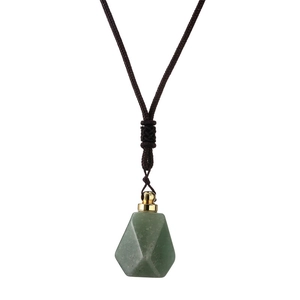 Green crystal stone pendant necklace with adjustable woven rope and gold metal top detail