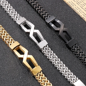 Men's mesh woven bracelets with infinity symbol clasp in gold, silver, and black finish