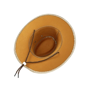 Detail of yellow cowboy hat with silver trim, woven wind cord and adjustable toggle
