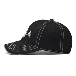 Black cotton baseball cap with white fishbone embroidery and contrast stitching details