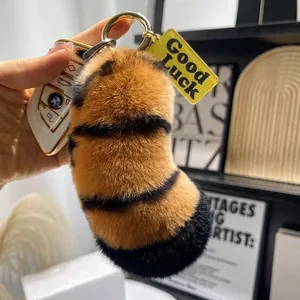 Cute faux rabbit fur tiger stripe keychain with lucky charm for bags and car keys