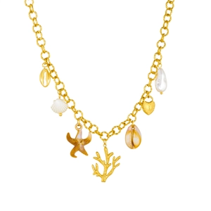 Collier doré sur thème marin avec pendentifs étoile de mer coquillage et cœur
