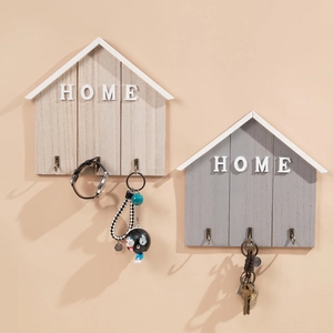 Nordic wooden house wall hooks with HOME letters and three metal hangers for entryway storage