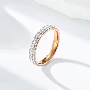 Close-up of rose gold titanium steel ring with double row of pavé set crystals