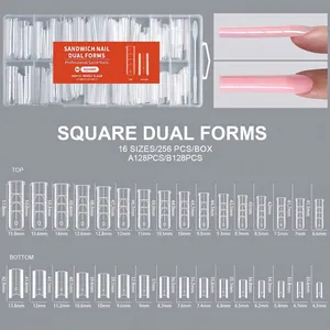 Size chart for square dual forms nail molds showing 16 sizes for top and bottom sets
