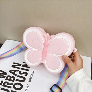 Sac bandoulière papillon en silicone rose pour filles avec sangle arc-en-ciel