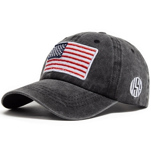 Vintage washed charcoal baseball cap featuring American flag patch and USA embroidery