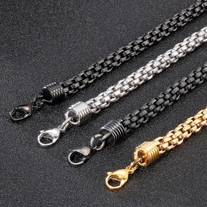 Close-up of titanium steel braided link bracelets in black, silver, grey, and gold