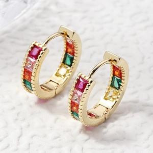 Elegant gold hoop earrings with multi-colored square-cut gemstones in a close-up 45-degree view