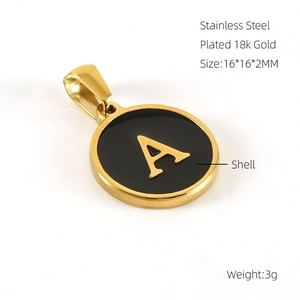 18K gold plated stainless steel letter A pendant with black enamel and shell inlay