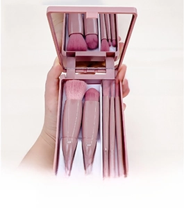 Details zum 5-teiligen rosa Make-up-Pinsel-Set mit matten Griffen und Spiegelgehäuse