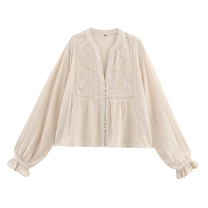 Women Long Sleeve Blouse V Neck Cotton Polyester Floral Embroidery Hollow Out Ruffle Cuff Button Down Vintage Boho Casual Shirt