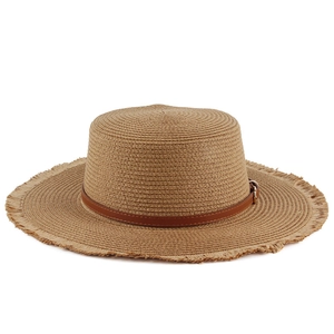 Classic khaki straw sun hat with flat top, frayed brim and brown leather decorative belt