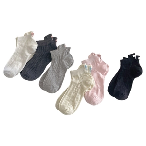 Women's breathable cotton low-cut ankle socks with bow embroidery in six assorted colors