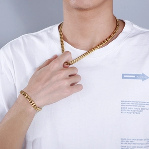 Men's 8mm 18k gold-plated stainless steel Cuban link necklace and bracelet set