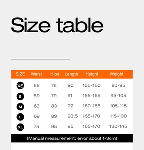 Tableau des tailles pour leggings de yoga avec mesures de taille hanches et longueur